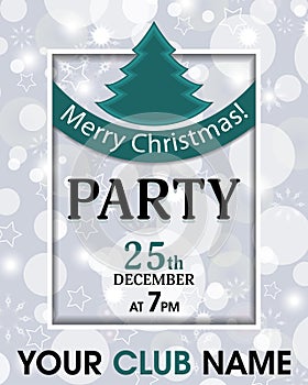 Christmas party invitation retro template background with ribbon and fur-tree. Vector