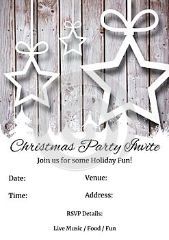 Christmas party invite with date, time, venue, address, rsvp details and decorations on table