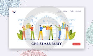 Christmas Party Landing Page Template. Business People Give Gifts to Each Other. Friends Giving and Receiving Presents