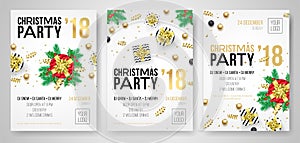 Christmas party 2018 New Year celebration invitation poster of flyer design templates. Vector present gift in golden ribbon bow on