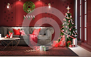 Christmas party at night, in living room - decorations on red wa