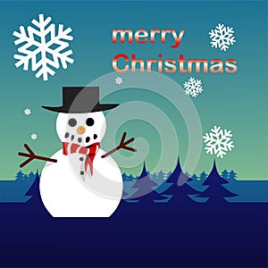 Christmas party poster or banner with cute snowman and snowfall
