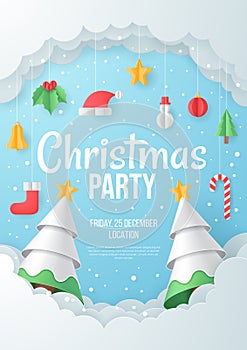 Christmas party poster with christmas element. Paper art vector.
