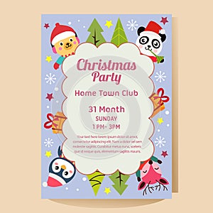 Christmas party poster with christmas panda penguin deer dog