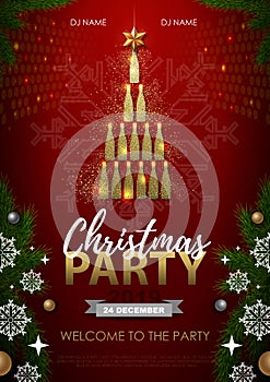 Christmas party poster with golden champagne bottles