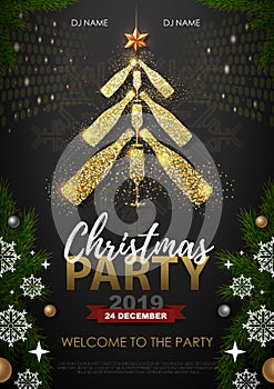 Christmas party poster with golden champagne glass.