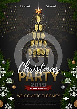 Christmas party poster with golden champagne glass.