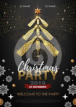 Christmas party poster with golden champagne glass.