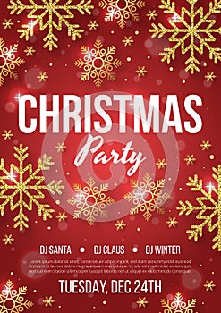Christmas party poster with golden snowflake on red background. photo