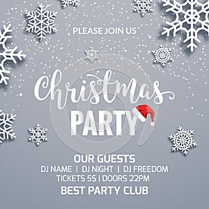 Christmas party poster invitation decoration design. Xmas holiday template background with snowflakes