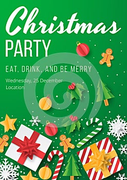 Christmas party poster template with christmas element on green background. Papercut style.