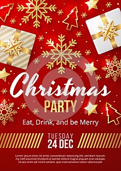 Christmas Party poster template with christmas elements on red background. photo