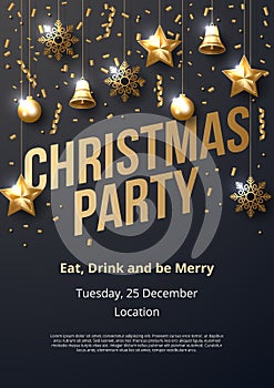 Christmas party poster template with shining gold ornaments