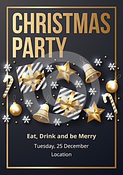 Christmas party poster template with shining gold and white ornaments