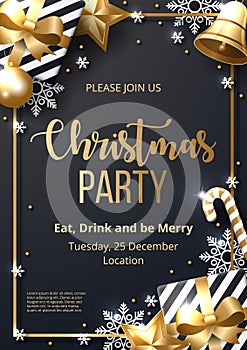 Christmas party poster template with shining gold and white ornaments