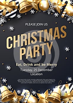 Christmas party poster template with shining gold and white ornaments