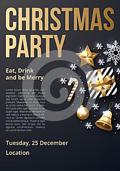 Christmas party poster template with shining gold and white ornaments