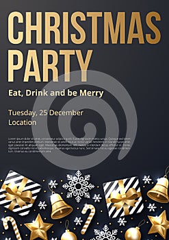 Christmas party poster template with shining gold and white ornaments