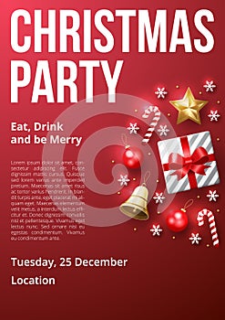 Christmas Party poster template with shining gold and white ornaments. Red Background