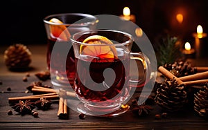 Christmas party poster. Two glasses of mulled wine on a wooden surface