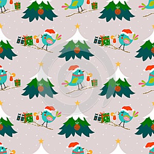 Christmas Party seamless pattern with cute animals in hat. Merry Christmas, happy new year