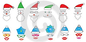 Christmas Party set - Glasses, hats, lips, eyes, diadems, mustaches, masks - for design, photo booth in vector
