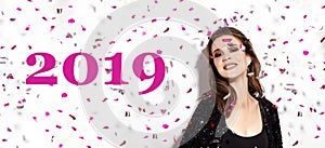 Christmas Party Time. Beautiful Happy Woman Smile. Style in Confetti. New Year 2019 Celebrate Look with Fashion Make-up