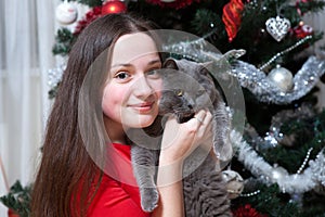 Christmas party, winter holidays woman with cat. New year girl. christmas tree in interior background.