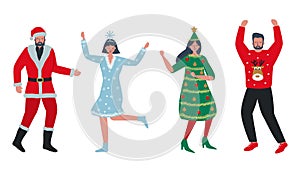 Christmas party. Young people in Christmas costumes are dance