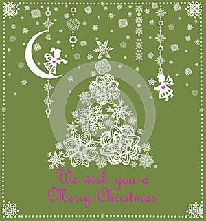 Christmas pastel green greeting craft card with white paper cutting tree with snowflakes and little hanging angels