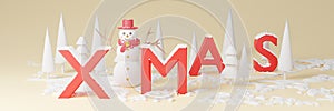 Christmas pastel Scene With Snowman Cute in forest mountain 3d Rendering illustration.Xmas Landscape snow winter season