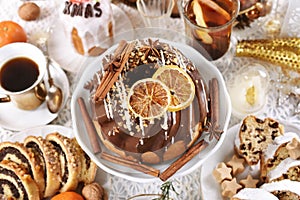 Christmas pastries on festive table top view