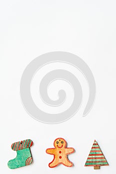 Christmas patter with sock, gingerbread man cookie and christmas tree