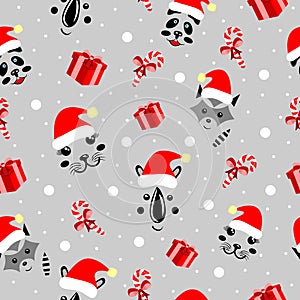 Christmas pattern animals, cute mordochki with new years hats, panda, rhino, sea corner, units, gray backgrounds