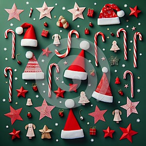 christmas pattern background. Christmas candy canes, red stars and paper santa caps