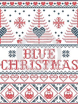 Christmas pattern Blue Christmas carol seamless pattern inspired by Nordic culture festive winter in cross stitch