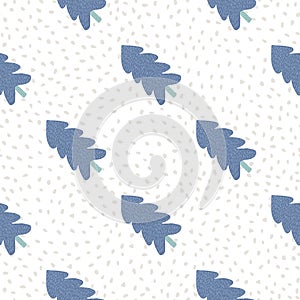 Christmas pattern with blue fir-tree on white background with light lilac dots