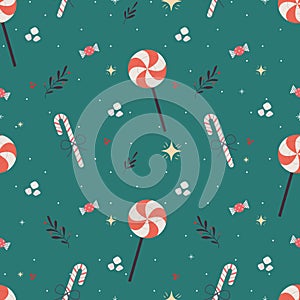 Christmas pattern with candies on turquoise background