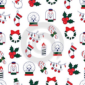 Christmas pattern candle, gift sock, holly,snowman, Seamless pattern with Christmas and New Year icons, Christmas present