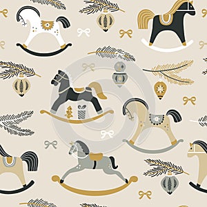 Christmas pattern with childish rocking horses on beige background. Pine branch. Holiday design for Textile, Fabrics