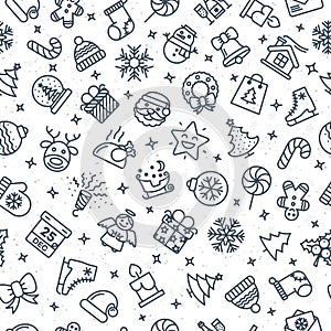 Christmas pattern consisting of christmas line icons such as santa, deer, christmas ball