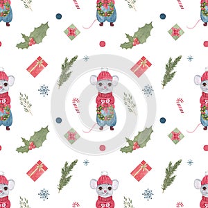 Christmas pattern with cute cartoon rat or mouse