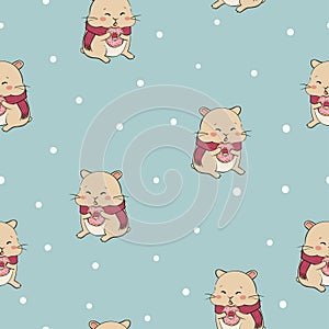 Christmas pattern with cute hamster eating donut.