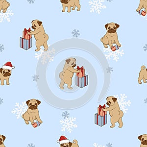 Christmas pattern with cute pugs.