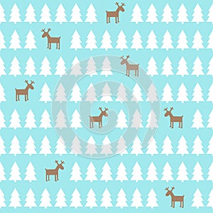 Christmas pattern - deer, xmas trees. Happy New Year background.