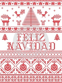 Christmas pattern Feliz navidad seamless pattern inspired by Nordic culture festive winter in cross stitch with heart