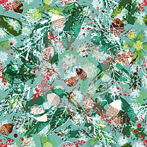 Christmas pattern with frosty pine cones, spruce branches, holly and snowflakes. Holiday season abstract nature design for