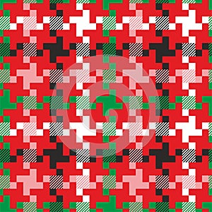 Christmas pattern with geometric shapes. Green, black and red seamless background. - Vector