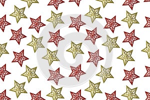 Christmas pattern of gold and red stars with patterns on a white background