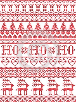 Christmas pattern HO HO HO carol seamless pattern inspired by Nordic culture festive winter in cross stitch with heart